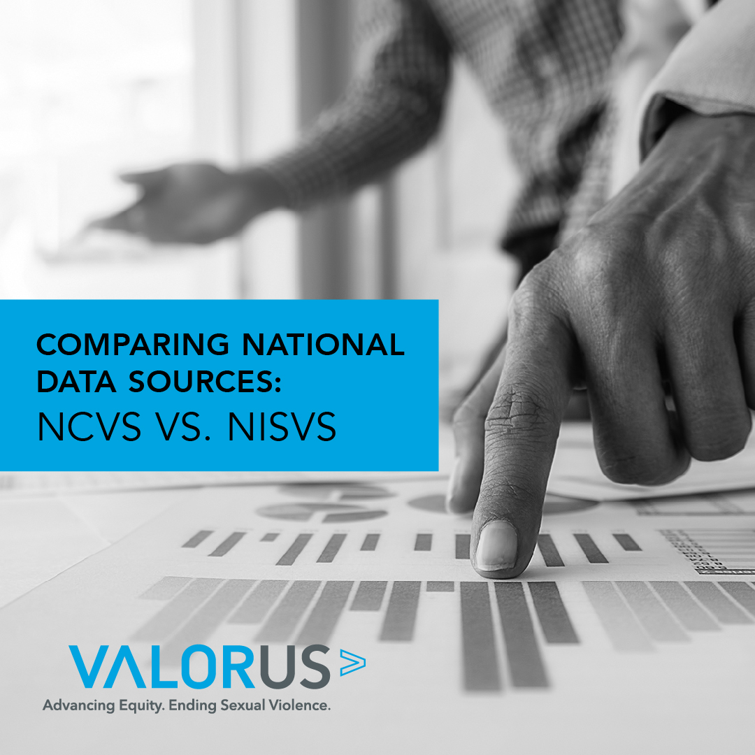 Finger pointing to a graphic with BLue bar in the mida with text" Camparing National Data Sources: NCVS vs NISVS