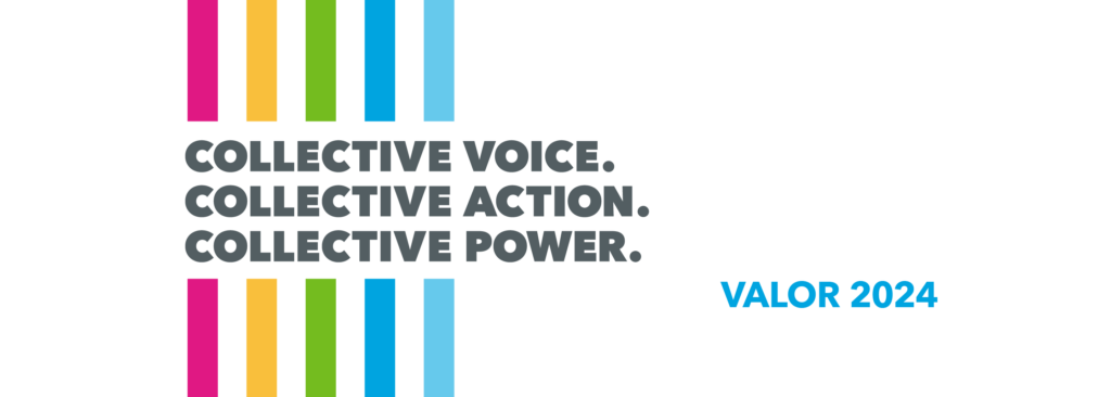 Horizontal pink, yellow, green, teal, and light blue stripes. Text over the stripes that says, "Collective voice. Collective action. Collective power. VALOR 2024."