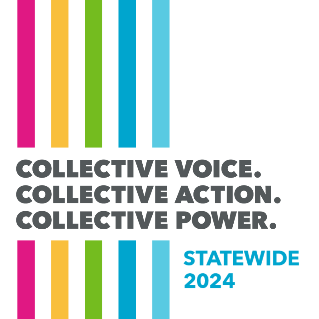 White background with multicolored stripes down the left side. Text intersecting the stripes states, "Collective Voice. Collective Action. Collective Power." To the bottom right of the stripes, text states, "Statewide Conference 2024." VALOR logo top right.