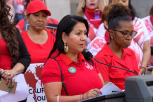 Elvira Herrera speaking at VOCA Rally at the California Capitol