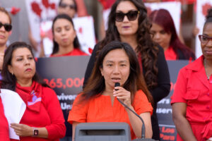 Rowena Chiu speaking at May VOCA Rally at the California Capitol.