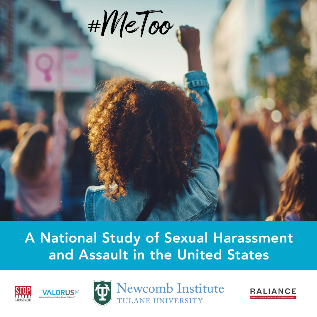 Graphic of a rally with a woman facing away and holding her fist up and others holding signs in the background. Black text at the top of the graphic reads: #MeToo. There is a blue banner with white text that reads, "A national study of sexual harassment and assault in the United States" in white. Under that are logos of Stop Street Harassment, VALOR, Newcomb Institute at Tulane University, and Raliance.