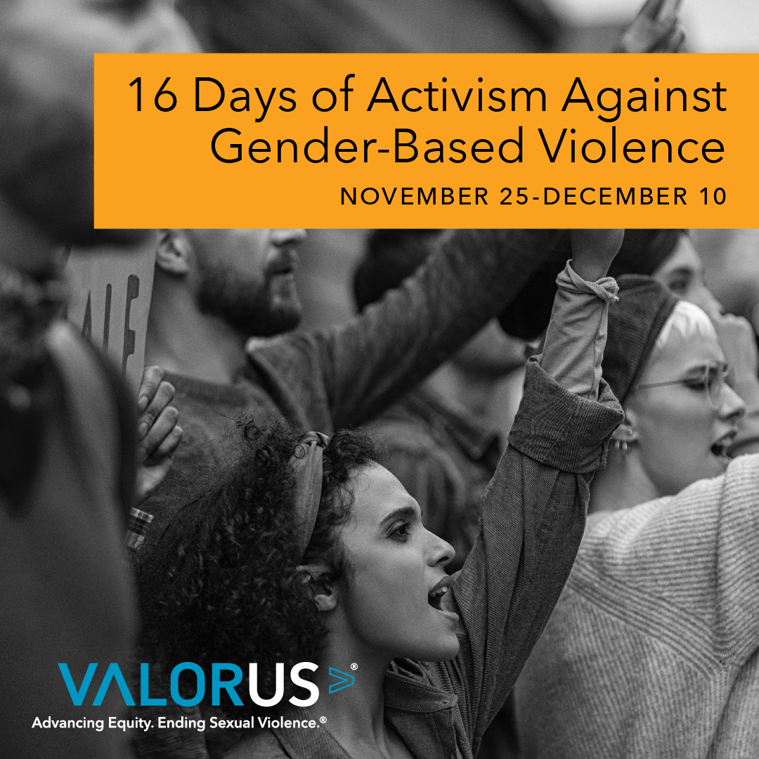 People standing together with their arms raised. A yellow rectangle in the top right corner has black text inside that reads, "16 Days of Activism Against Gender-Based Violence. November 25-December 10." VALOR Logo.