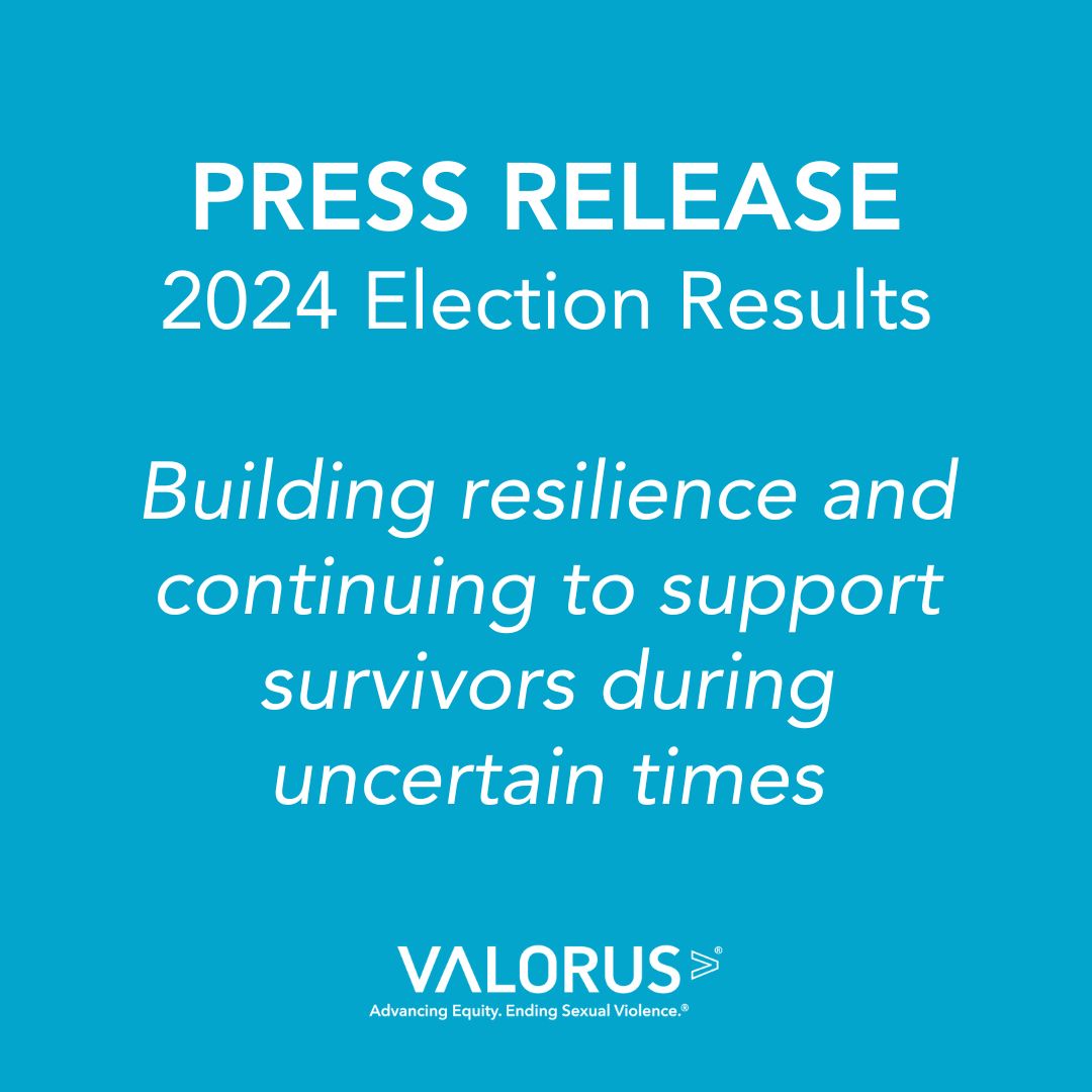 Blue background with white text that reads, "Press Release 2024 Election Results. Building resilience and continuing to support survivors during uncertain times."