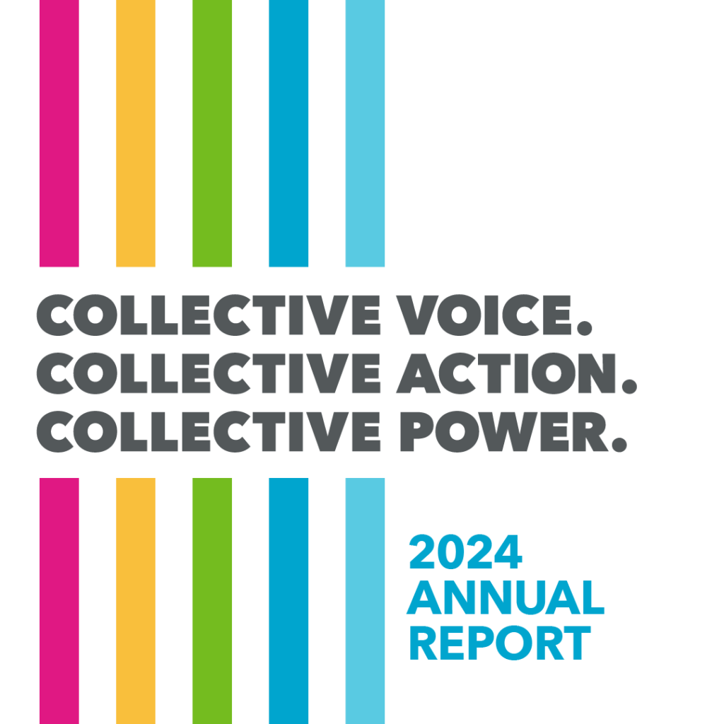 White background with multicolored stripes on the left. Text across the stripes states "Collective Voice. Collective Action. Collective Power." The bottom left text states "2024 Annual Report."