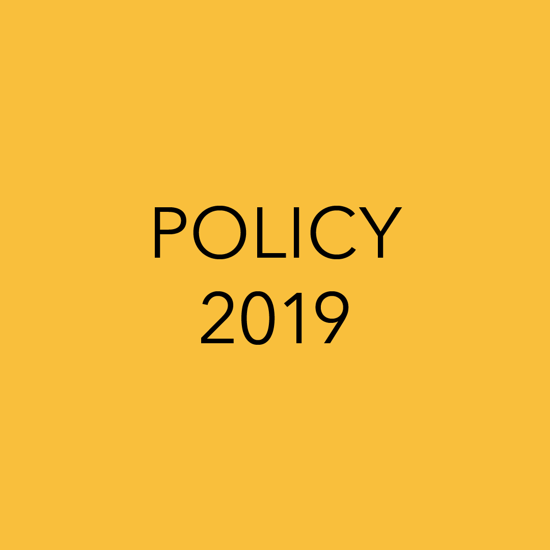 Yellow background with black text that reads, "Policy 2019."